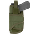 The Condor VT Holster - Left Hand in Olive Drab secures a black pistol with a strap and Velcro closure.