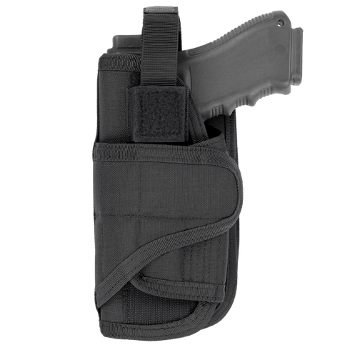 A black Condor VT Holster - Left Hand, designed for left-handed use, partially secures a black handgun with its Velcro strap.