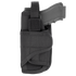 A black Condor VT Holster - Left Hand, designed for left-handed use, partially secures a black handgun with its Velcro strap.
