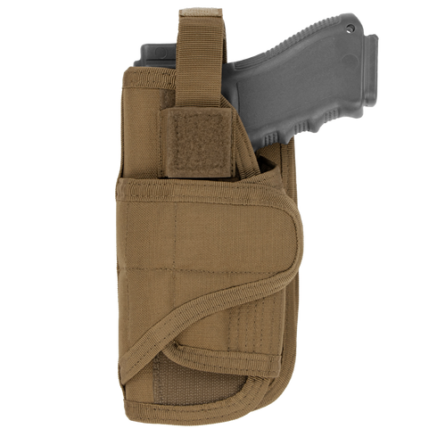 The Condor VT Holster - Left Hand in Coyote Brown holds a gray training pistol, partially inserted and secured at the top with a Velcro strap.
