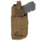 The Condor VT Holster - Left Hand in Coyote Brown holds a gray training pistol, partially inserted and secured at the top with a Velcro strap.