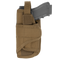 The Condor VT Holster - Left Hand in Coyote Brown holds a gray training pistol, partially inserted and secured at the top with a Velcro strap.