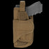 The Condor VT Holster - Left Hand in Coyote Brown holds a gray training pistol, partially inserted and secured at the top with a Velcro strap.