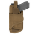 The Condor VT Holster - Left Hand in Coyote Brown holds a gray training pistol, partially inserted and secured at the top with a Velcro strap.