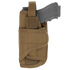 The Condor VT Holster - Left Hand in Coyote Brown holds a gray training pistol, partially inserted and secured at the top with a Velcro strap.