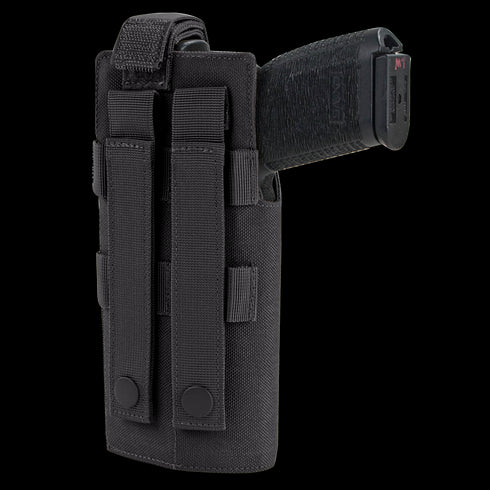 The Condor RDS Holster is a black tactical pistol holster with two vertical belt loops and snap buttons for secure attachment, ideal for law enforcement and first responders.