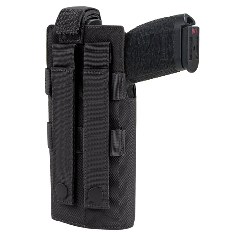 The Condor RDS Holster is a black tactical pistol holster with two vertical belt loops and snap buttons for secure attachment, ideal for law enforcement and first responders.