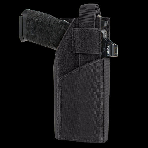 A black handgun in a Condor RDS Holster, made of black nylon, features a retention strap and visible Condor branding on the clip.