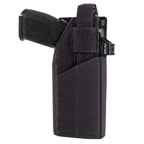 A black handgun in a Condor RDS Holster, made of black nylon, features a retention strap and visible Condor branding on the clip.