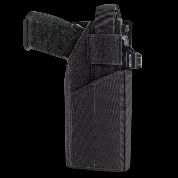 A black handgun in a Condor RDS Holster, made of black nylon, features a retention strap and visible Condor branding on the clip.