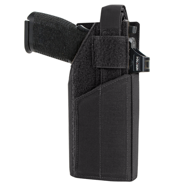 A black handgun in a Condor RDS Holster, made of black nylon, features a retention strap and visible Condor branding on the clip.