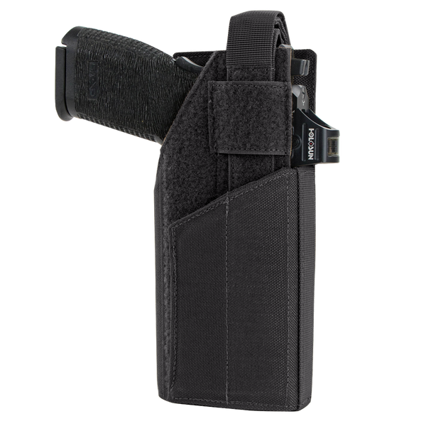 A black handgun in a Condor RDS Holster, made of black nylon, features a retention strap and visible Condor branding on the clip.
