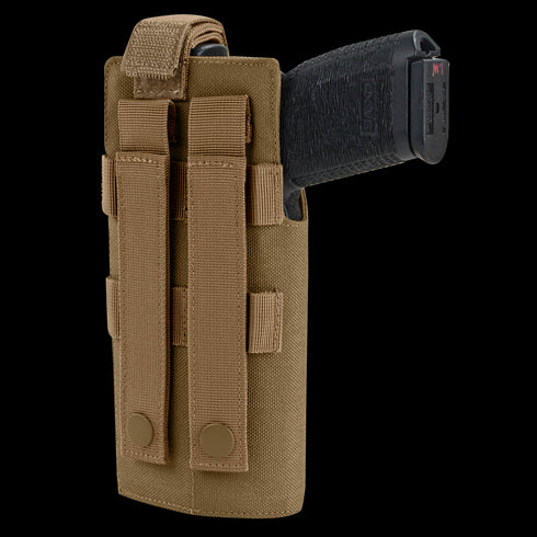The Condor RDS Holster is a tactical nylon holster in tan, shown partially holstering a black handgun. It features two snap-button straps on the back and is ideal for law enforcement and first responders.