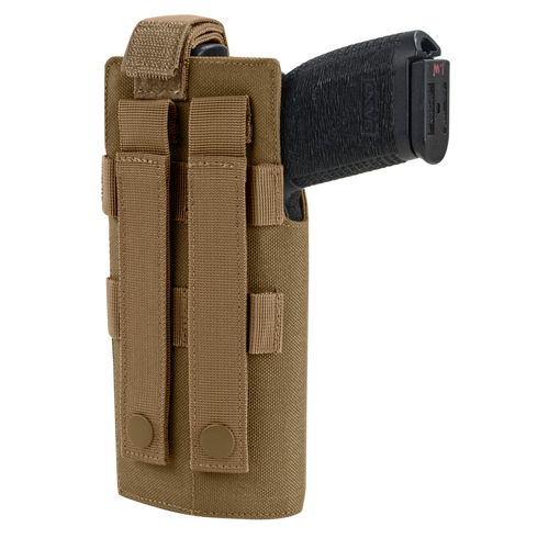 The Condor RDS Holster is a tactical nylon holster in tan, shown partially holstering a black handgun. It features two snap-button straps on the back and is ideal for law enforcement and first responders.