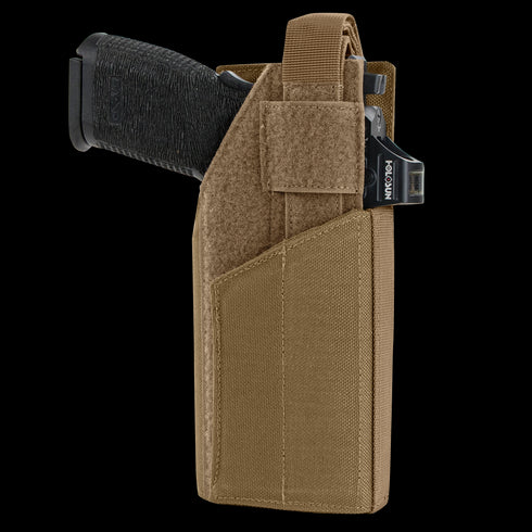 The Condor RDS Holster is a tan fabric holster with velcro strap, shown securing a black handgun from the side—ideal for law enforcement and first responders.