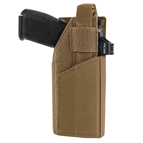 The Condor RDS Holster is a tan fabric holster with velcro strap, shown securing a black handgun from the side—ideal for law enforcement and first responders.