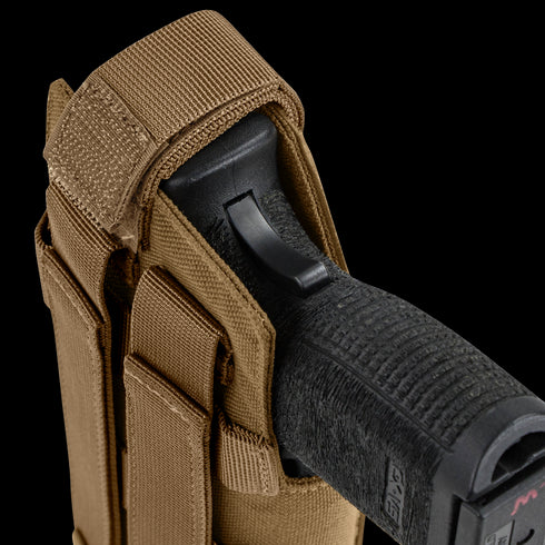 The Condor RDS Holster is a black handgun holster in tan tactical fabric with a retention strap, designed for law enforcement or first responders.