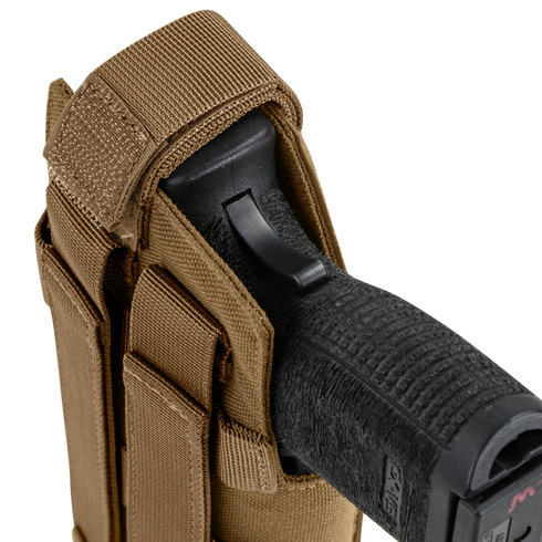 The Condor RDS Holster is a black handgun holster in tan tactical fabric with a retention strap, designed for law enforcement or first responders.