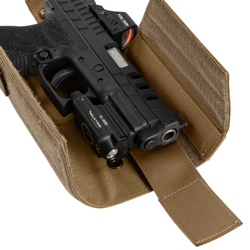 The Condor RDS Holster is a tan fabric holster with Velcro strap, designed to securely hold a black handgun with tactical light—ideal for military or first responders.