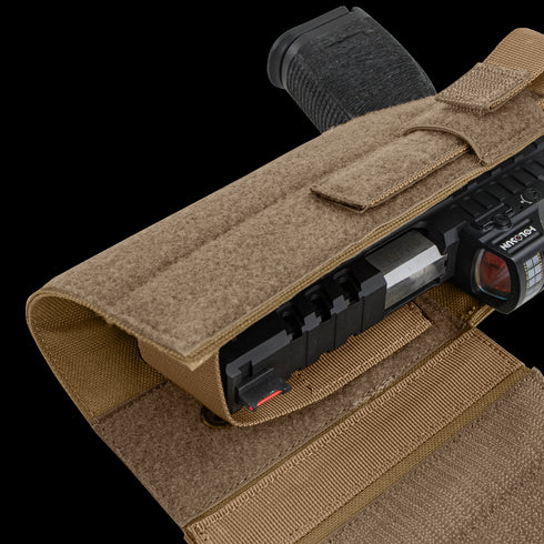 The Condor RDS Holster securely holds a handgun and mounted tactical flashlight in a tan fabric design, making it ideal for first responders or tactical use.