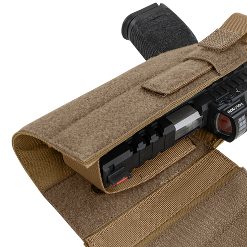 The Condor RDS Holster securely holds a handgun and mounted tactical flashlight in a tan fabric design, making it ideal for first responders or tactical use.
