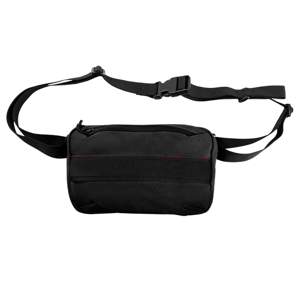 The Condor Tech Pouch is a black crossbody sling bag with an adjustable strap, front zipper pocket, and subtle red stitching—perfect for carrying law enforcement or shooting range essentials.