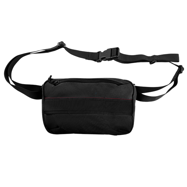 The Condor Tech Pouch is a black crossbody sling bag with an adjustable strap, front zipper pocket, and subtle red stitching—perfect for carrying law enforcement or shooting range essentials.