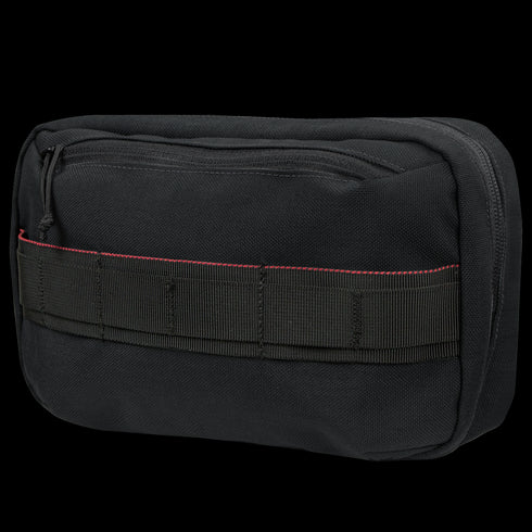 The Condor Tech Pouch is a black rectangular zippered case with a front webbing strap and red stitching, ideal for EDC organization or tactical use at the shooting range.