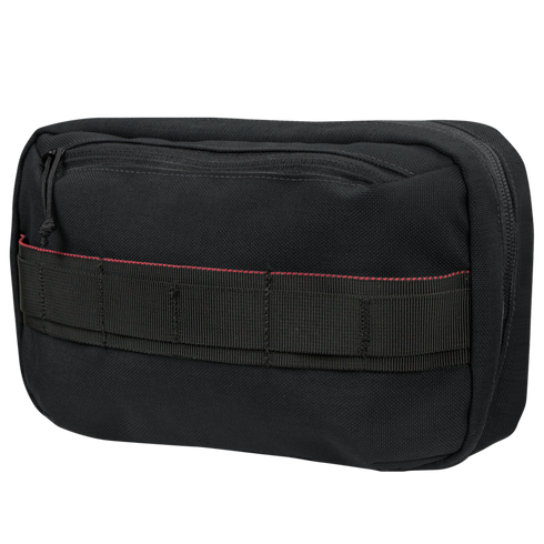 The Condor Tech Pouch is a black rectangular zippered case with a front webbing strap and red stitching, ideal for EDC organization or tactical use at the shooting range.