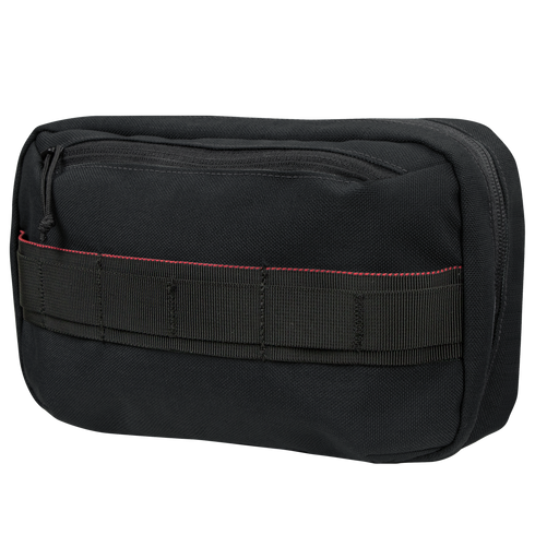 The Condor Tech Pouch is a black rectangular zippered case with a front webbing strap and red stitching, ideal for EDC organization or tactical use at the shooting range.