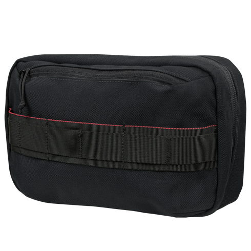 The Condor Tech Pouch is a black rectangular zippered case with a front webbing strap and red stitching, ideal for EDC organization or tactical use at the shooting range.
