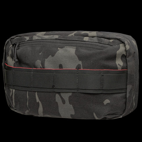 The Condor Tech Pouch - MultiCam Black is a rectangular pouch featuring black and gray camouflage, red stitching, a front zipper, and webbing loops on the front.