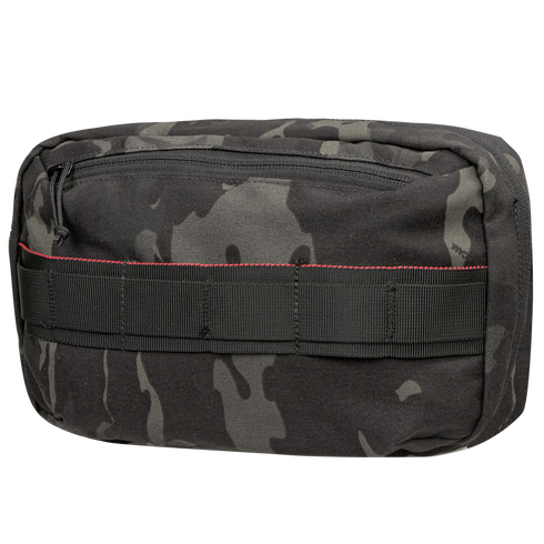 The Condor Tech Pouch - MultiCam Black is a rectangular pouch featuring black and gray camouflage, red stitching, a front zipper, and webbing loops on the front.