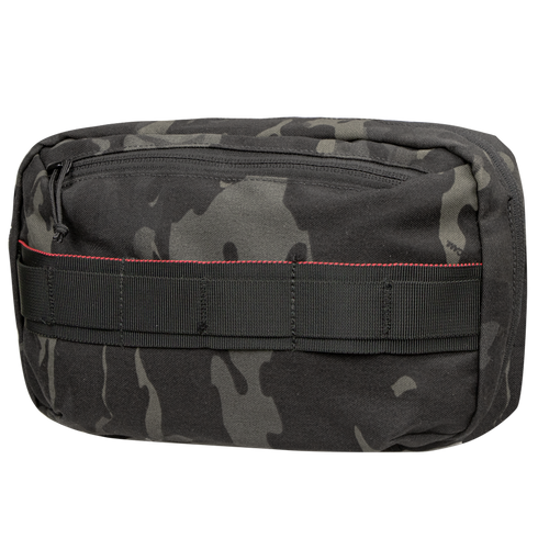 The Condor Tech Pouch - MultiCam Black is a rectangular pouch featuring black and gray camouflage, red stitching, a front zipper, and webbing loops on the front.