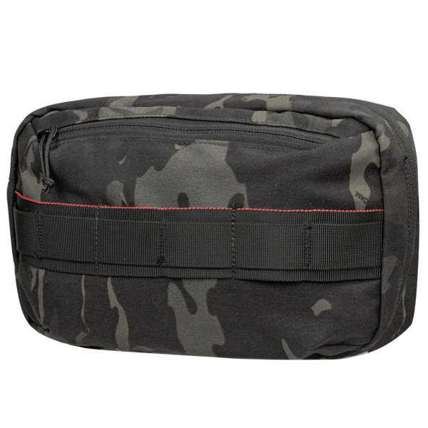 The Condor Tech Pouch - MultiCam Black is a rectangular pouch featuring black and gray camouflage, red stitching, a front zipper, and webbing loops on the front.