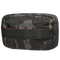 The Condor Tech Pouch - MultiCam Black is a rectangular pouch featuring black and gray camouflage, red stitching, a front zipper, and webbing loops on the front.
