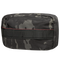 The Condor Tech Pouch - MultiCam Black is a rectangular pouch featuring black and gray camouflage, red stitching, a front zipper, and webbing loops on the front.