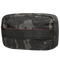 The Condor Tech Pouch - MultiCam Black is a rectangular pouch featuring black and gray camouflage, red stitching, a front zipper, and webbing loops on the front.