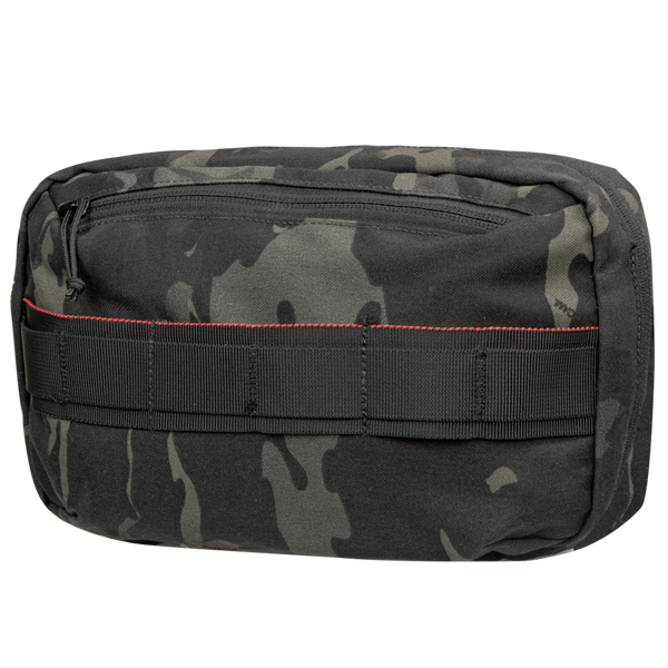 The Condor Tech Pouch - MultiCam Black features a black and gray camo design, front zip pocket, and horizontal webbing straps across the front.