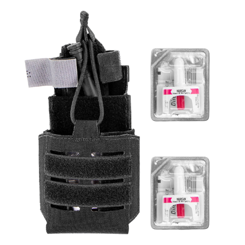 A Condor Narcan Pouch holds a tourniquet and medical shears, with two packaged medical syringes placed next to it on a white background.