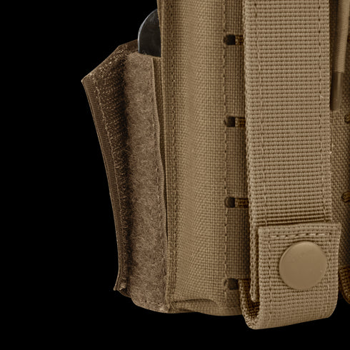 Close-up of the Condor Narcan Pouch in tan, featuring snap button and Velcro closure, partially open to reveal its contents—perfect for EDC or organizing essentials at the range.