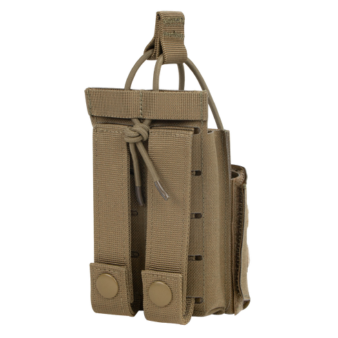 A tan Condor Narcan Pouch with MOLLE straps and snap buttons on the back, designed for law enforcement or range use, is shown standing upright against a white background.