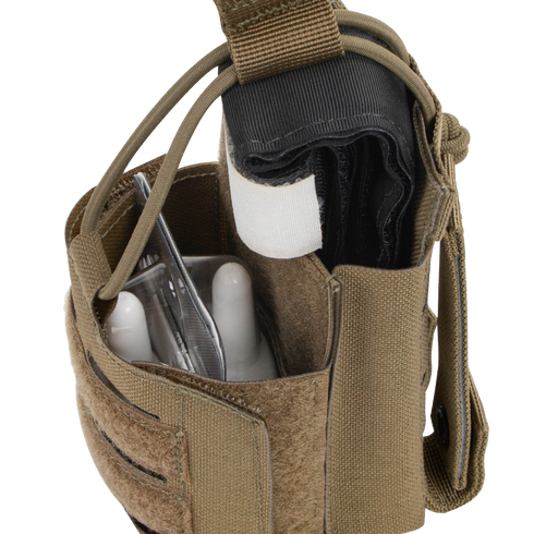 The Condor Narcan Pouch in tan holds a tourniquet, medical shears, and other instruments, with Velcro and strap closures—ideal for military, EDC, or bushcraft use.