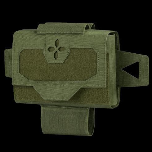The Condor Micro TK Pouch Gen II in Olive Drab features a flap closure with hook and loop fastener, a flower-shaped front cutout, and is equipped with two side straps plus a bottom strap.