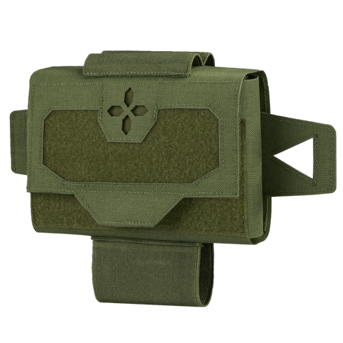 The Condor Micro TK Pouch Gen II in Olive Drab features a flap closure with hook and loop fastener, a flower-shaped front cutout, and is equipped with two side straps plus a bottom strap.