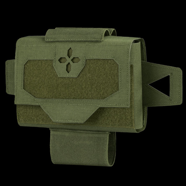 The Condor Micro TK Pouch Gen II in Olive Drab features a flap closure with hook and loop fastener, a flower-shaped front cutout, and is equipped with two side straps plus a bottom strap.