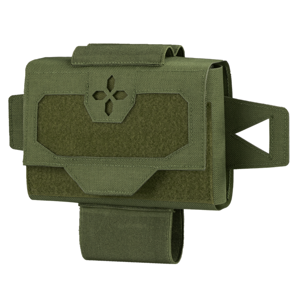 The Condor Micro TK Pouch Gen II in Olive Drab features a flap closure with hook and loop fastener, a flower-shaped front cutout, and is equipped with two side straps plus a bottom strap.