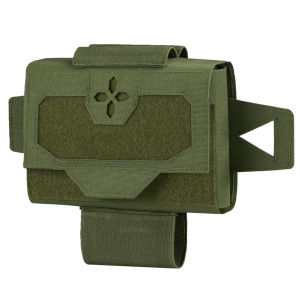 The Condor Micro TK Pouch Gen II in Olive Drab features a flap closure with hook and loop fastener, a flower-shaped front cutout, and is equipped with two side straps plus a bottom strap.