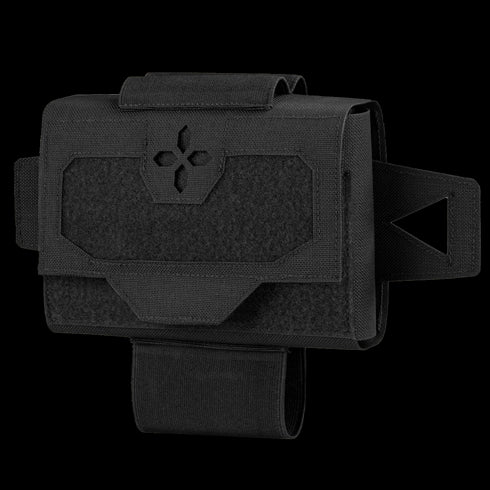 The Condor Micro TK Pouch Gen II is a black tactical pouch with a flap closure, Velcro panel, and side straps, designed for use with military gear or on a belt.