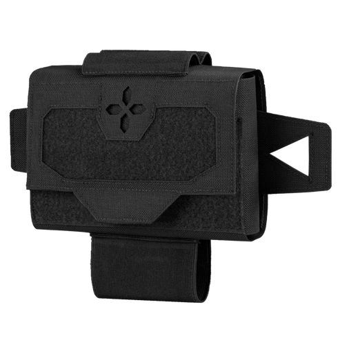 The Condor Micro TK Pouch Gen II is a black tactical pouch with a flap closure, Velcro panel, and side straps, designed for use with military gear or on a belt.